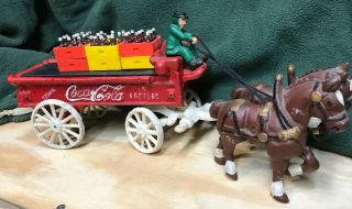 Fun Vintage Cast Iron Coca - Cola Wagon W/ Horses Coke Crates Bottles Collectible