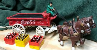 FUN Vintage Cast Iron Coca - Cola Wagon w/ Horses Coke Crates bottles Collectible 2