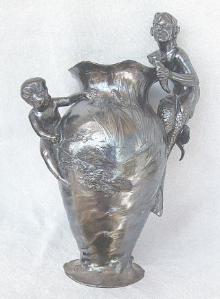 Wmf Art Nouveau German Silverplated Pewter Vase W/ Figurines Of Satyr And Child