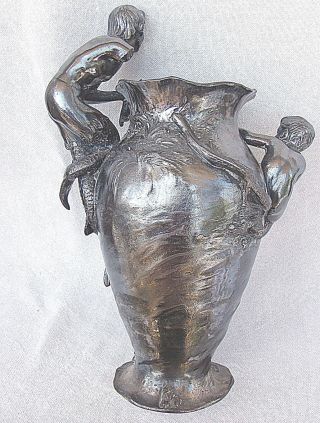 WMF Art Nouveau German Silverplated Pewter Vase w/ figurines of satyr and child 2