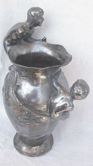 WMF Art Nouveau German Silverplated Pewter Vase w/ figurines of satyr and child 3