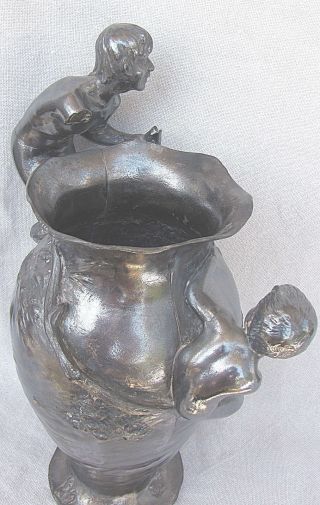 WMF Art Nouveau German Silverplated Pewter Vase w/ figurines of satyr and child 7