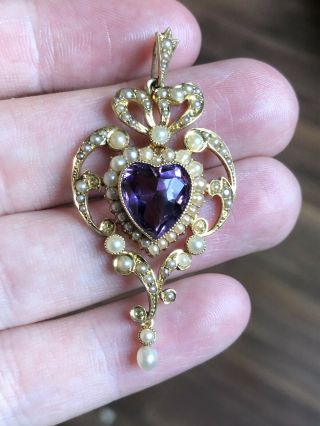 Stunning Antique 15ct Gold Amethyst And Pearl Pendant