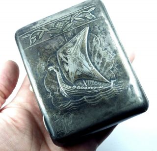 Antique Russian / Estonian Silver 875 Cigarette Case Viking Ship 174 g 3