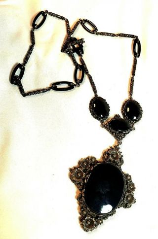 Antique Large Peruzzi Sterling Silver Black Onyx Necklace Glass Links Flapper