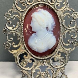 Antique Sterling Silver High - Relief Hard Stone Cameo Photo Picture Frame