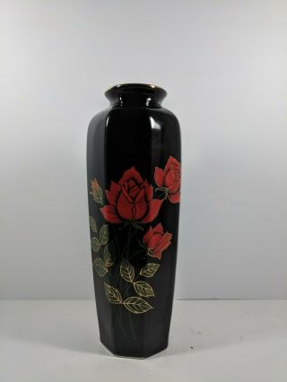 Rose Porcelain Vase Red Green Gold Colors Over Black Made In Japan