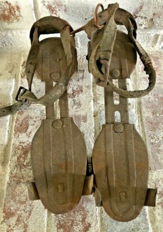 Vintage Antique Clamp - On Metal Roller Skates With Leather Straps Old Rustic