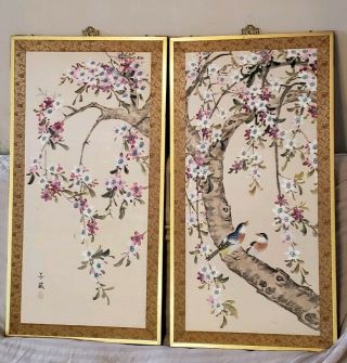 Vintage Chinese Handpainted Gilt Wood Wall Plaques Birds In Flowering Tree Vgc