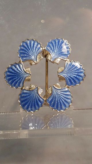 Blue Guilloche Enamel On Silver Scallop Shell Brooch Denmark By Volmer Bahner