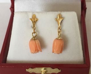 14k Yellow Gold Coral Earrings Drop Rose Angel Skin Vintage Petite