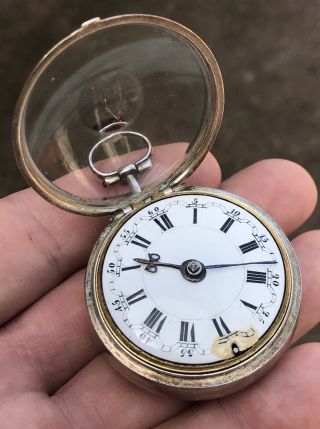 A EARLY ANTIQUE SOLID SILVER PAIR CASED VERGE / FUSEE POCKET WATCH,  1762 12