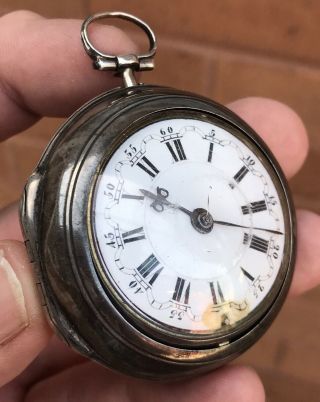 A Early Antique Solid Silver Pair Cased Verge / Fusee Pocket Watch,  1762