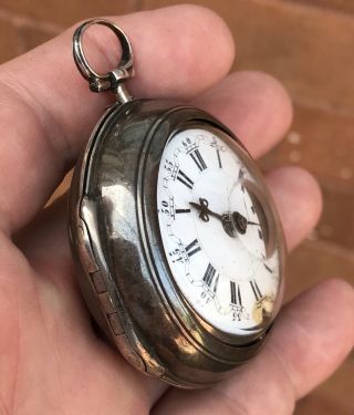 A EARLY ANTIQUE SOLID SILVER PAIR CASED VERGE / FUSEE POCKET WATCH,  1762 4