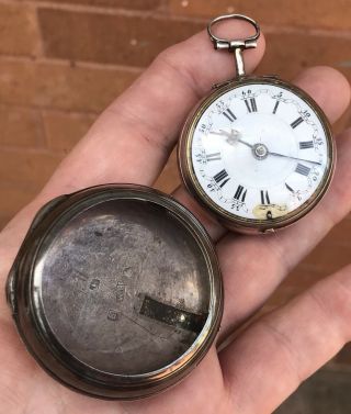 A EARLY ANTIQUE SOLID SILVER PAIR CASED VERGE / FUSEE POCKET WATCH,  1762 6