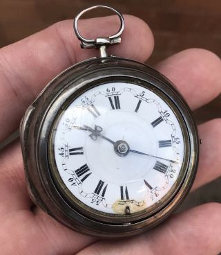 A EARLY ANTIQUE SOLID SILVER PAIR CASED VERGE / FUSEE POCKET WATCH,  1762 7