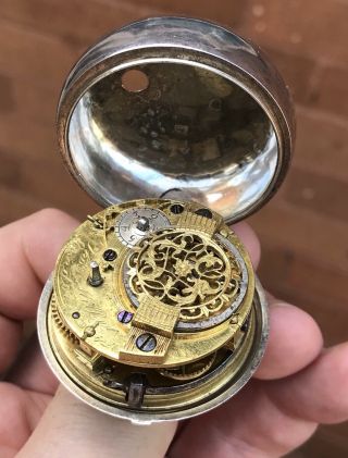 A EARLY ANTIQUE SOLID SILVER PAIR CASED VERGE / FUSEE POCKET WATCH,  1762 8