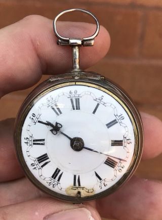 A EARLY ANTIQUE SOLID SILVER PAIR CASED VERGE / FUSEE POCKET WATCH,  1762 9