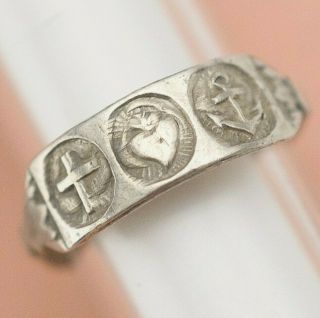 Antique Georgian Sterling Silver Faith Hope And Charity Heart Anchor Sz 5.  5 Ring