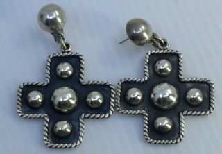 Vintage Large Earrings Sterling Silver Taxco Mexico Post Dangle Cross