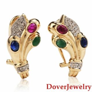 Estate Diamond Ruby Sapphire Emerald 14k Gold Bouquet Stud Earrings 6.  8 Grams Nr