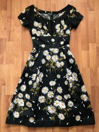 1950s Vintage Sambo Fashions Black And White Daisies Floral Cotton Dress Xs/s