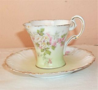 Lovely Vtg Rs Prussia Demitasse Teacup & Saucer Set Fluted Cup Pink Flowers Gold