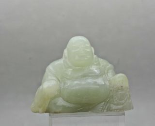 Nicely Hand Carved Vintage Chinese Jade Coloured Stone Happy Buddha Statue