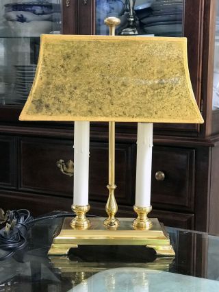 Vintage Polished Brass Bouillotte Double Candlestick Table Lamp /w Golden Shade