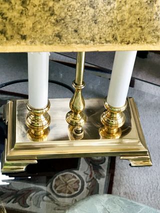 Vintage Polished Brass Bouillotte Double Candlestick Table Lamp /w Golden Shade 2