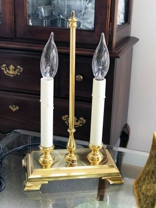 Vintage Polished Brass Bouillotte Double Candlestick Table Lamp /w Golden Shade 8