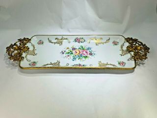 Vintage Elegant Hand Painted Limoges Porc Pate Porcelain & Ormolu Tray Signed 2