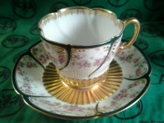 Antiqus Haviland Limoges,  Gold,  Green With Roses Teacup And Saucer