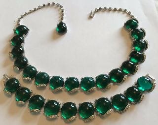 Vintage Crown Trifari Green & Clear Rhinestone Necklace & Bracelet