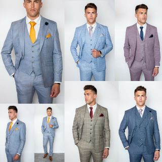 Cavani Mens 3 Piece Designer Check Slim Fit Smart Vintage Wedding Work Suit