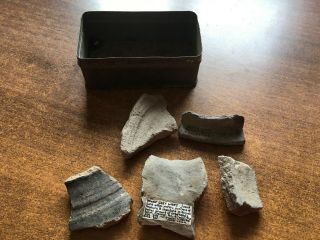Selection Of Roman Grey Ware In A Tin With Location Of Finds Attached.  Look