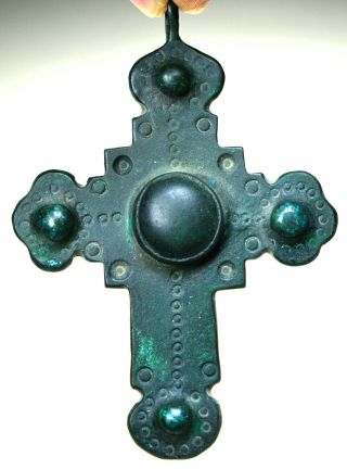 Large Byzantine Bronze Christian Cross Pendant With Stone