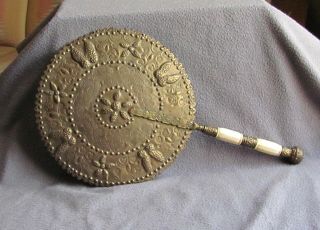 Uncommon Old Arabic Tooled Brass And Bone 16 " Hand Fan