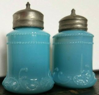 Vintage Antique Blue Milk Glass Salt & Pepper Shakers Pair
