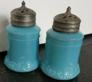 Vintage Antique Blue Milk Glass Salt & Pepper Shakers Pair 2