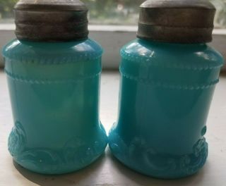 Vintage Antique Blue Milk Glass Salt & Pepper Shakers Pair 4