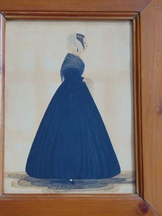 C.  1844 Antique Folk Art Watercolor Painting Woman In Long Blue Dress