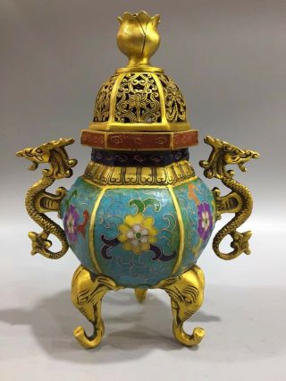Chinese Antique Cloisonne Hand - Made Dragon Lotus Incense Burner Qianlong Year