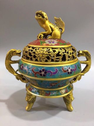 Chinese Antique Cloisonne Hand - Made Brave Troops Dog Incense Burner Xuande Year