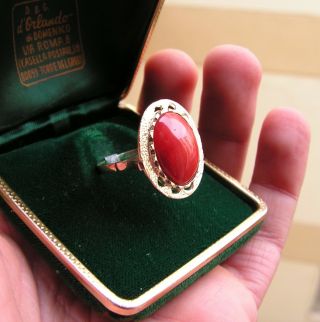 Vintage Estate 18k Yellow Gold Red Coral Big Cocktail Ring Made In Italy Size 7,