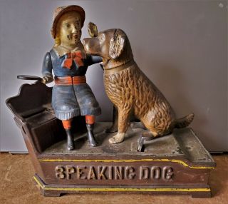 Speaking Dog Cast - Iron Mechanical Bank Circa 1892,  Rare Blue Dress