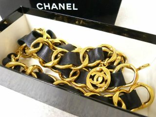 Auth Chanel Vintage Chain Belt Gold Black Leather Cc Logo Full L:34.  4 " Ladies