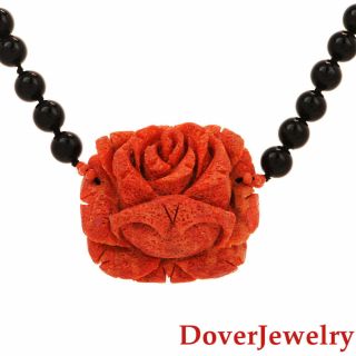 Estate Onyx Coral 14k Gold Carved Rose Flower Bead Necklace 30.  7 Grams Nr
