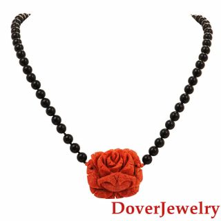 Estate Onyx Coral 14K Gold Carved Rose Flower Bead Necklace 30.  7 Grams NR 2