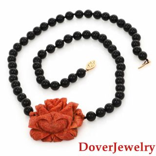 Estate Onyx Coral 14K Gold Carved Rose Flower Bead Necklace 30.  7 Grams NR 3